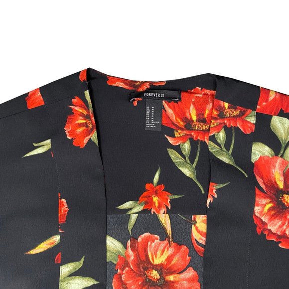 forever 21 floral red camellia print kimono robe, beach coverup with belt - Picture 2 of 3